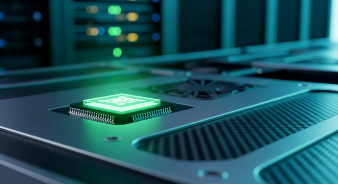 Data encryption chip glowing green on server hardware in a futuristic data center