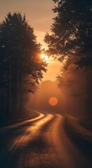 A foggy morning road surrounded by trees with soft natural blur and muted tones, evoking calm and mystery.