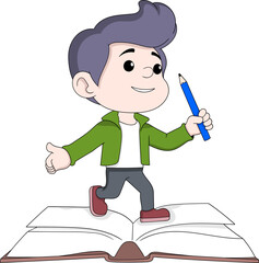 Boy Holding Pencil Standing on Big Book Education Cartoon Vector Illustration