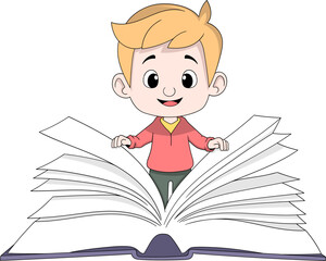 Boy Opening Big Encyclopedia Book Education Vector Illustration