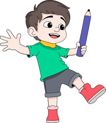 Happy Boy Dancing with Pencil School Holiday Cartoon Vector Illustration