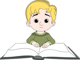 Little Boy Learning to Read an Open Book Education Cartoon Vector Illustration