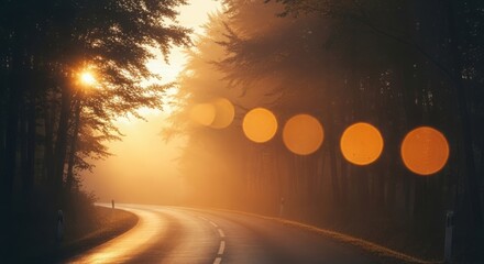 A foggy morning road surrounded by trees with soft natural blur and muted tones, evoking calm and mystery.