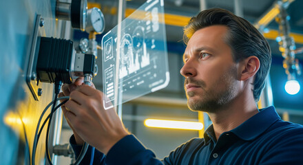 Engineer using an augmented reality interface for predictive maintenance in an industrial setting