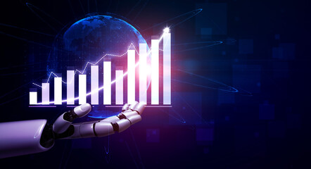 A futuristic robotic hand showcases a dynamic data graph against a global network backdrop, symbolizing growth and technological advancement in business analytics. Impute