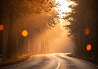A foggy morning road surrounded by trees with soft natural blur and muted tones, evoking calm and mystery.
