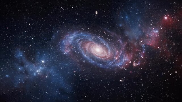 A spiral galaxy with a bright core surrounded by cosmic dust and clusters of stars in deep space