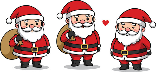 PrintCute Santa Claus character set with Christmas gift sack, happy festive holiday illustration, joyful cartoon Santa celebrating winter season with love and cheer