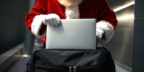 Santa in business trip concept. Santa prepares to use a laptop while traveling, blending tradition with modern technology.