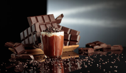 Hot chocolate with whipped cream sprinkled with chocolate crumb.