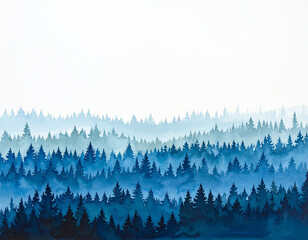 Misty blue forest landscape with layers of pine trees