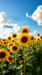 Fototapeta premium Field of sunflowers under a blue sky with white clouds on a sunny day in the summer season
