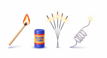 Realistic illustration of a match, fireworks, sparklers and a boom tube for celebrations