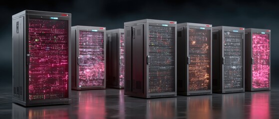 Server racks with glowing internal components