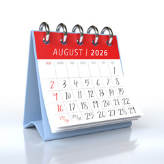 Desktop calendar showing August 2026 isolated on white background