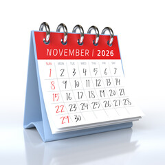 Desktop calendar showing November 2026 isolated on white background