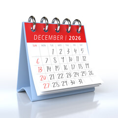 Desktop calendar showing December 2026 isolated on white background