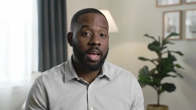 Young African American man in light grey shirt reacts, expressions shifting (serious, smiling, surprised). Bright natural light, minimalist decor, high-quality interview concept.