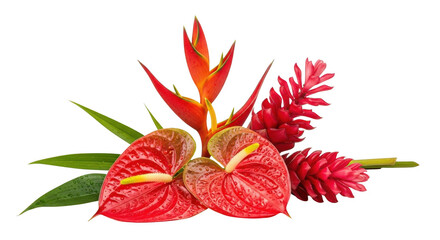 isolated white background of a stunning arrangement of tropical red anthurium, red ginger, and orange heliconia flowers with green leaves.