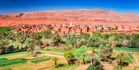 Tinghir, Morocco. Old berber architecture in Todra Oasis, Tagounsa village in Atlas Mountains.