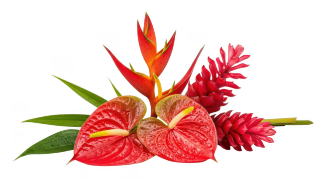 isolated white background of a stunning arrangement of tropical red anthurium, red ginger, and orange heliconia flowers with green leaves.