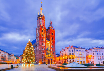 Krakow, Poland. Christmas Market with twinkling lights, a magical winter atmosphere in Main Square