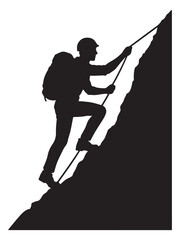 Silhouette of a mountaineer ascending a steep rocky cliff face