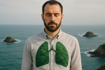 Breathing Green: A contemplative person embodies the essence of environmental harmony.