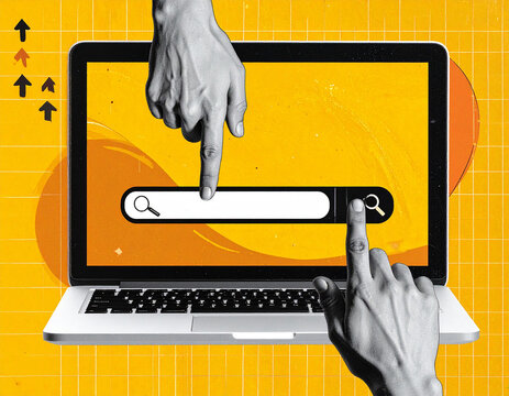 Hands using a laptops search bar on a vibrant yellow background