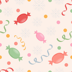  A cute seamless Christmas pattern in pastel colors. Holiday concept. Festive background with candy canes, confetti, and streamers. Perfect for wrapping paper and textiles.