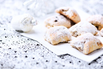 Stollen Bites on bright background. Soft focus. Close up. Copy space