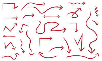 Red Arrow Icon Set &ndash; Diverse Directional Shapes Including Straight, Zigzag, Wavy, and Looped Arrows for Navigation, Instructional, and Graphic Design Projects