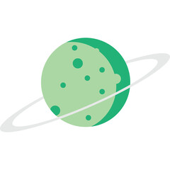 Flat illustration of a green planet with light green craters and a white ring on a transparent background
