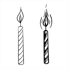 Vector outline candle for Birthday cake. Hand drawn linear illustration. Engraving black and white design candlelight flames for greeting card, invitation, tags, printing. Monochrome graphic