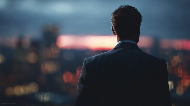 A businessman gazes at a stunning city skyline during sunset, reflecting on opportunities and future plans.