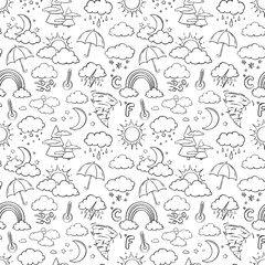 Fototapeta premium Line vector weather icons seamless pattern. Hand drawn by chalk. Outline Background. Doodle Illustration with temperature, sun, rain, snow, cloud, storm, for climate forecast. Meteorology