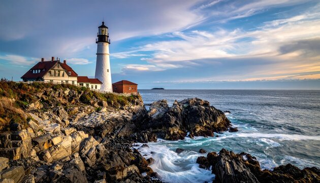 Historic White Lighthouse Stands Tall on Rocky Coastline Beside Ocean Waves Under a Dramatic Cloudy Sky During Sunset
