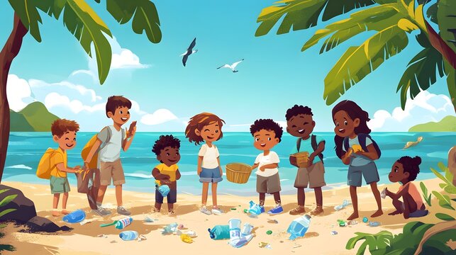 Diverse group of happy children cleaning plastic debris from a tropical beach setting