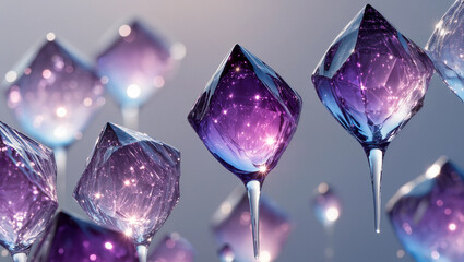Purple crystals glowing in a serene, mystical setting