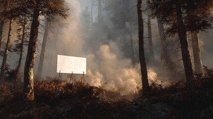 Blank billboard in smoky forest