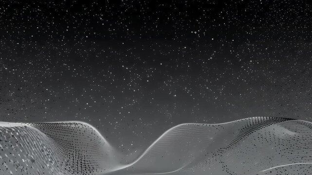 Grey scale abstract, starlit sky above undulating lines, grainy texture, creating ethereal depth