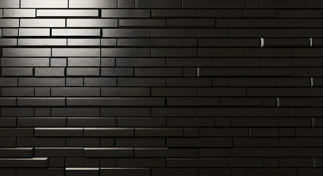 Sleek modern black brick wall with sophisticated geometric texture creates a bold statement for design projects, offering a stylish backdrop for luxury branding and contemporary aesthetics