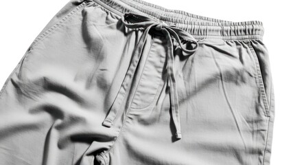 Close up of gray casual drawstring pants isolated on white background