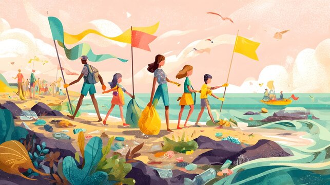 Community members actively participate in cleaning debris from a polluted seashore environment