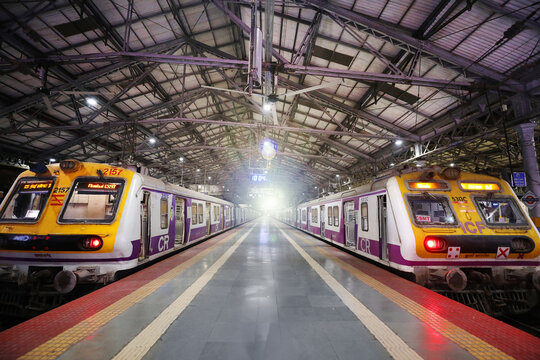 Mumbai, India - October 12, 2025: Suburban train at the CST station, railway station Mumbai. Chhatrapati Shivaji Terminus.