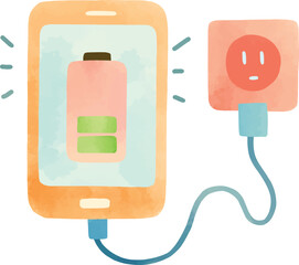Illustration of phone charging in watercolor style. Clip art vector isolated of phone with cable charging cartoon for asset, design, object, icon