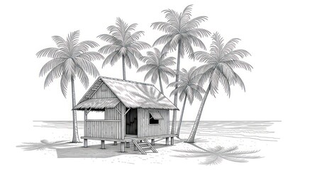 Coastal cottage and palm trees illustration black and white vector art