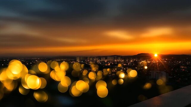 Defocused image of sunrise over a quiet city symbolizing the start of a new year, soft golden hues, with copy space