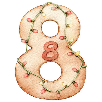 Pastel Christmas Font. Decorative number 8 adorned with colorful lights.