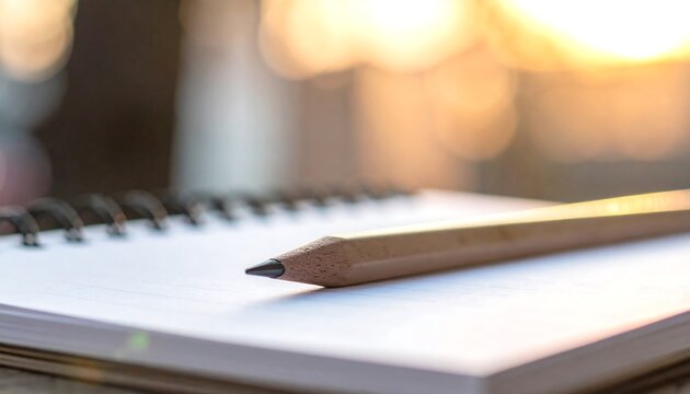 A close-up of a spiral-bound notepad with a pencil lying on the pages